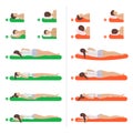 Body lying poses. Girl sleeping on sofa medical anatomical mattress for correct body position recent vector infographic