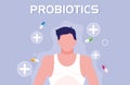 Body of man with capsules medicines probiotics