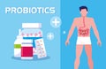 Body of man with medicines probiotics Royalty Free Stock Photo