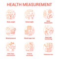 Body measuring tools concept icons set. Weight, height check idea thin line illustrations. Monitoring cardiological