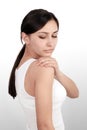 Body Pain. Beautiful Woman Feeling Pain In Elbows, Painful Arm Royalty Free Stock Photo