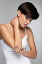 Body Pain. Beautiful Woman Feeling Pain In Elbows, Painful Arm Royalty Free Stock Photo