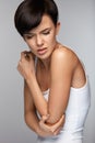 Body Pain. Beautiful Woman Feeling Pain In Elbows, Painful Arm Royalty Free Stock Photo