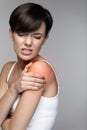 Body Pain. Beautiful Woman Feeling Pain In Shoulders And Arms