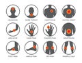 Body pain icon set / headache sore throat heartache aching chest arm hand pain finger heartburn foot ankle hip painful calf Royalty Free Stock Photo