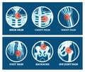 Body Pain. Icons Set. Pain in Neck, Chest, Foot, Backache, Hip Joint and Wrist