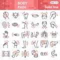 Body pain line icon set, Pain in human body symbols collection or sketches. Male body parts linear style signs for web