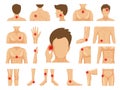 Body pain. Physical injury human trauma symbols on legs shoulders hands pain dots vector set