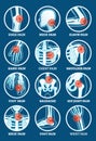 Body Pain Set. Pain in Backache, Hip Joint, Knee, Elbow, Hand, Foot, Shoulder, Neck, Chest and Wrist Royalty Free Stock Photo