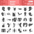 Body pain solid icon set, Pain in human body symbols collection or sketches. Male body parts glyph style signs for web