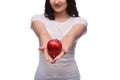 Body part of brunette girl holding red apple,isolated Royalty Free Stock Photo