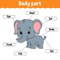 Body part. Learning words. Education developing worksheet. Activity page for study English. Game for children. Funny character. Royalty Free Stock Photo