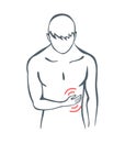 Body part pain. Man feels pain in abdomen of body marked with red lines. Vector foci of pain or trauma symbols, grey art