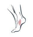 Body part pain. Man feels pain in ankle marked with red lines. Vector foci of pain or trauma symbols, grey art line