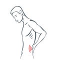 Body part pain. Man feels pain in back of body marked with red lines. Vector foci of pain or trauma symbols, grey art