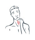 Body part pain. Man feels pain in neck marked with red lines. Vector foci of pain or trauma symbols, grey art line