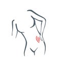 Body part pain. Woman feels pain in back marked with red lines. Vector foci of pain or trauma symbols, grey art line