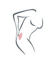 Body part pain. Woman feels pain in back marked with red lines. Vector foci of pain or trauma symbols, grey art line