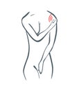 Body part pain. Woman feels pain in shoulder marked with red lines. Vector foci of pain or trauma symbols, grey art line