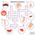 Body parts crossword with head, hair, fingers, nose, eyebrow, foot, toes, leg, mouth, tongue