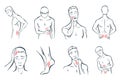 Body parts pain set. Man feels pain location in different part of body with red line icons. Ache in head, neck or tooth