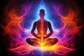 The body of a person meditating in flames, in front of dark background, bold lines, vibrant color, radiant neon patterns - AI