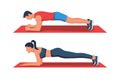 Body plank. Beautiful young girl and man stands in a perfect plank. Vector. Royalty Free Stock Photo