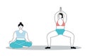 Body pose set. Active women doing yoga, girls in sportswear meditating and asana doing, sitting in lotus position and