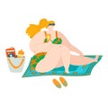 Body positive beach woman in swimsuits, sea summer plus size fat caucasian lady eats fruits isolated on white flat