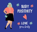 Body Positive card. Model plus size woman, Beautiful fat girl. Bodypositive poster. Vector flat design