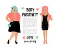 Body Positive card. Model plus size woman and skinny girl, place for text. Bodypositive poster. Vector flat design