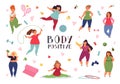 Body positive concept. Fat woman, plus size models yoga training. Positivity healthy overweight person, fun fitness