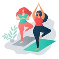 Body positive concept. Multinational friendship. two attractive plus size girls friends doing yoga together. Yoga wellness concept