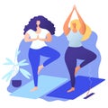 Body positive concept. Multinational friendship. two attractive plus size girls friends doing yoga together. Yoga wellness concept