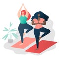 Body positive concept. Multinational friendship. two attractive plus size girls friends doing yoga together. Yoga wellness concept