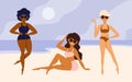 Body positive concept with three beautiful multicultural woman on beach