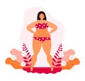 Body positive concept vector. Happy plus size girl wearing swimsuit and smiling. Active healthy lifestyle