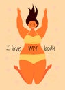 Body positive concept vector. Happy plus size girl wearing swimsuit and smiling. Active healthy lifestyle and love your body