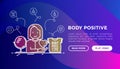 Body positive concept: woman plus size loves herself. Thin line icons: yoga, bikini, mirror. Vector illustration, web page