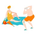 Body positive fat eldery man and woman in swimsuits at sea beach make pictures plus size caucasian people flat vector