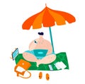 Body positive fat man in swimsuits at beach under sun umbrella working at laptop computer, plus size caucasian man flat