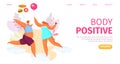 Body positive fat man woman banner, vector illustration. Cartoon overweight couple character happy lifestyle. Attractive