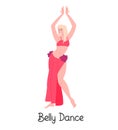 Body positive female performing oriental belly dance, cartoon character isolated on white, vector illustration