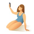 Body positive female young woman in bathing suit taking a self picture with smartphone. Vector illustration