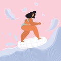 Body positive girl do surfing on menstrual tampon. Concept vector illustration the menstrual period cycle or PMS is