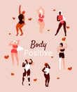 Body positive girls. Love your body. Different skin color and body size women characters dance in swimsuit. Flat vector