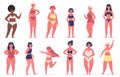 Body positive girls. Multiracial women group of different figure type, size and height. Beauty diversity vector