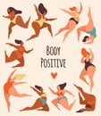 Body positive. Happy overweight women in swimsuits activity poses, charming plus size woman in bikini dancing, fat