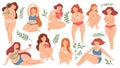 Body positive. Happy plus size beautiful women in swimsuit and underwear holding hearts and hugs knees. Female self care