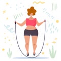 Body positive. Love your body. Happy plus size woman jumping rope and active lifestyle. Flat cartoon